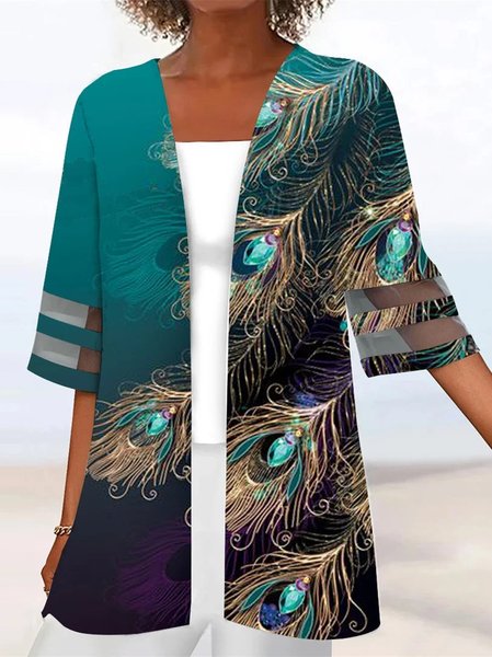 

Feather Pattern Loose Casual V Neck Kimono, Green, Cardigans