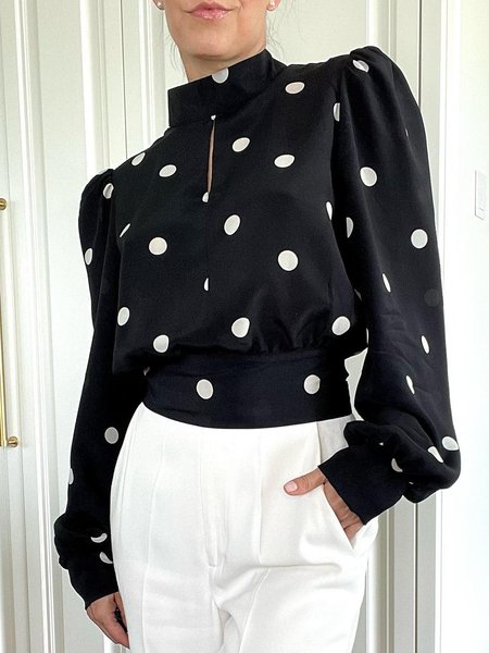 

Elegant Polka Dots Stand Collar Regular Fit Blouse, Black, Blouses and Shirts