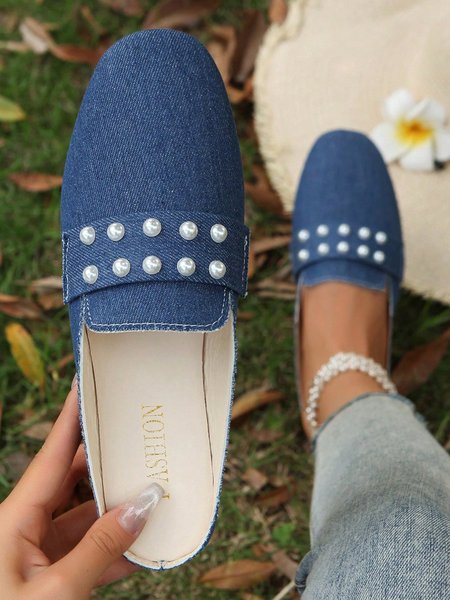 

Women Faux Pearl Decor Denim Square Toe Flat Mules, Deep blue, Flats