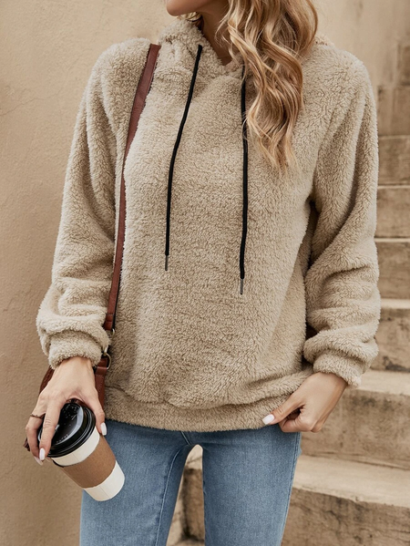 

Loose Hoodie Plain Casual Solid Drawstring Teddy Hoodie, Camel, Sweatshirts & Hoodies