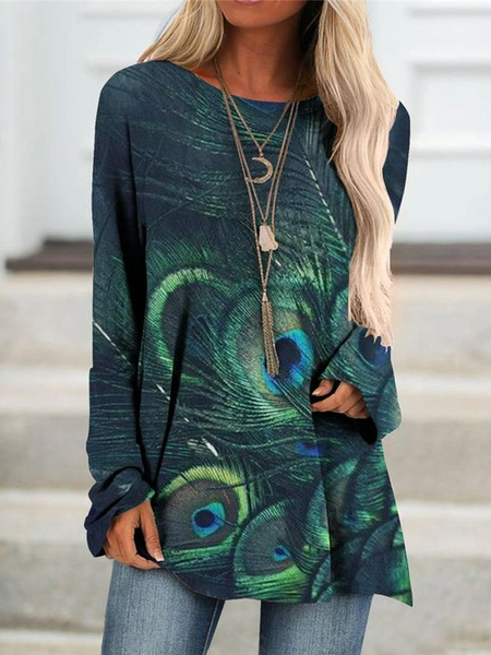 

Crew Neck Casual Peacock Loose T-Shirt, Cyan, T-Shirts