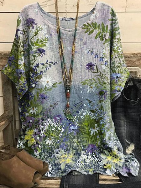

Crew Neck Floral Cotton And Linen Casual Shirt, Gray, Shirts & Blouses