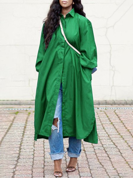 

Long sleeve Urban Shirt Collar Lantern Sleeve Plain Dress, Green, Maxi Dresses