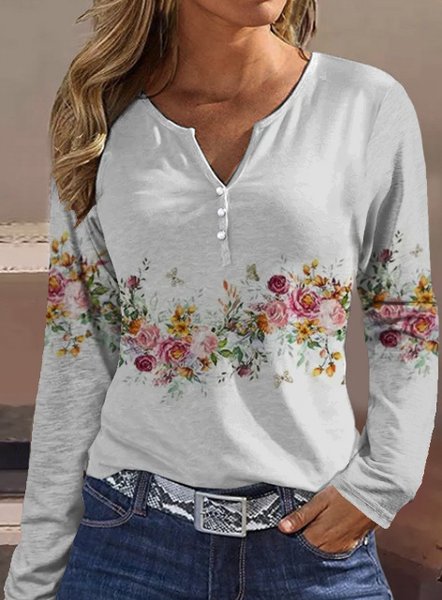 

Casual Floral Loose Shirt, Gray, Long sleeves