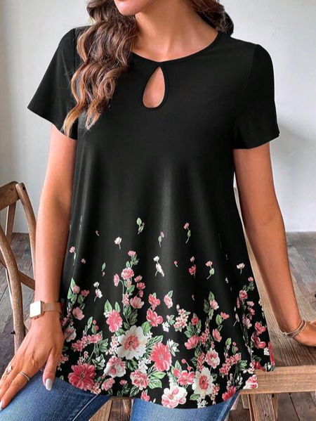 

Casual Loose Floral Print Keyhole Neckline T-Shirt, Black, T-Shirts