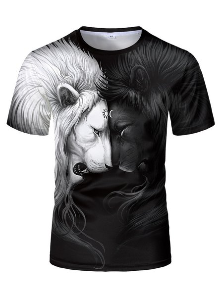

Men's Street Casual 3D Black and White Lion Pattern Short Sleeve T-Shirt Daily Clothing, As picture, T-Shirts