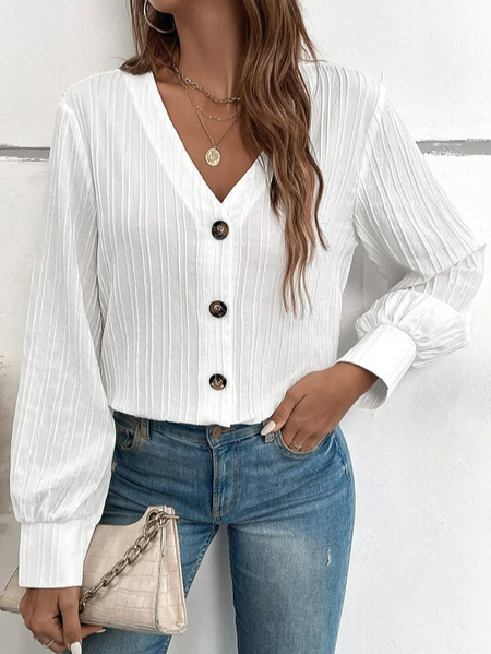 

Shirt Collar Casual Loose Plain Blouse, White, Shirts & Blouses
