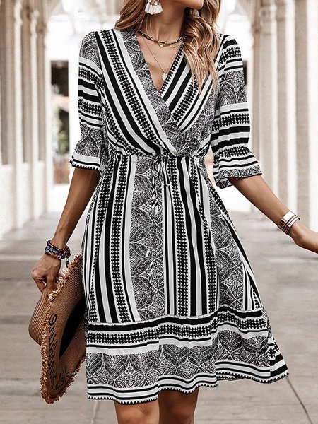 

Striped Cross Neck Casual Dress, Black-white, Dresses