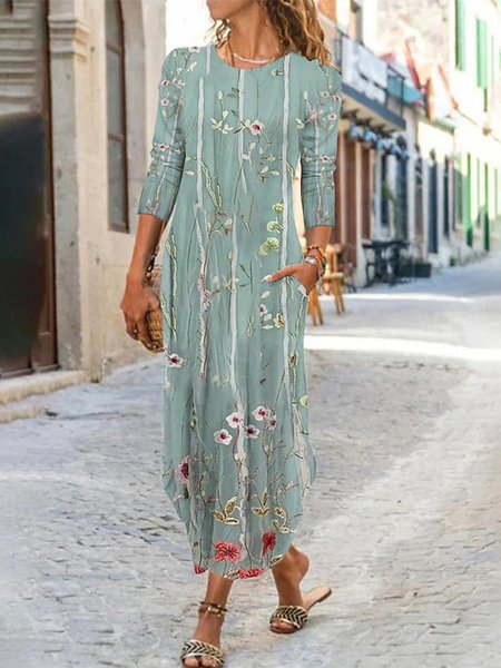 

Casual Crew Neck Floral Loose Dress, Green, Dresses