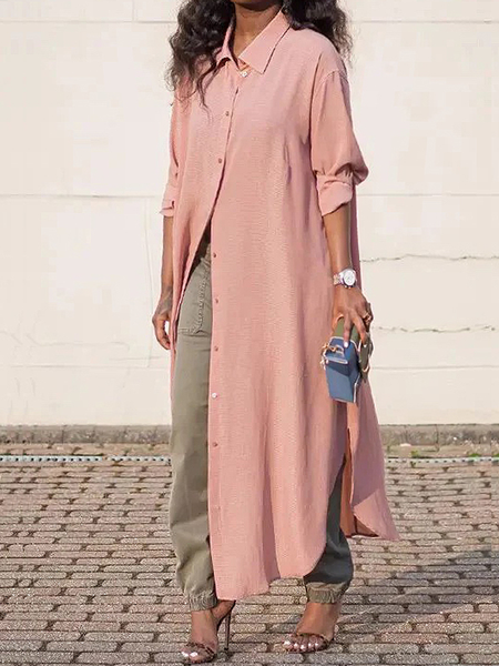

Shirt Collar Plain Loose Long sleeve Shirt Collar Urban Long Blouse, Pink, Blouses and Shirts