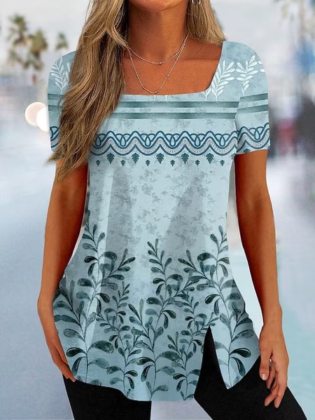 

Square Neck Casual Loose T-Shirt, Blue, T-Shirts
