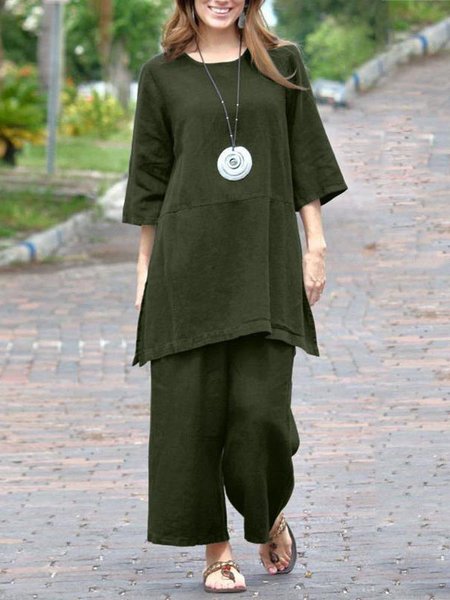 

Casual Plain Loose Two-Piece Set, Army green, Suits