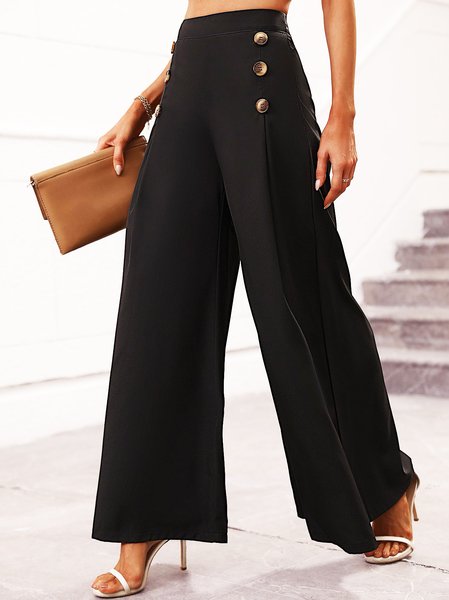 

Plain Loose Buckle Casual Pants, Black, Pants