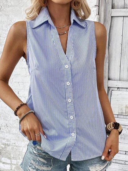 

Buttoned Casual V Neck Striped Blouse, Blue, Shirts & Blouses