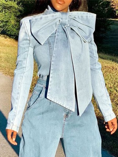 

Plain Regular Fit Urban Long Sleeve Denim Top, Blue, Tops