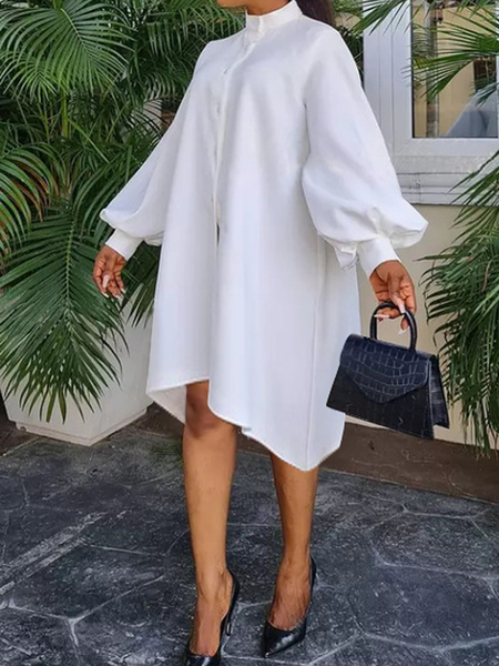 

Loose Stand Collar Long sleeve Elegant Dress Shirt Dress, White, Mini Dresses