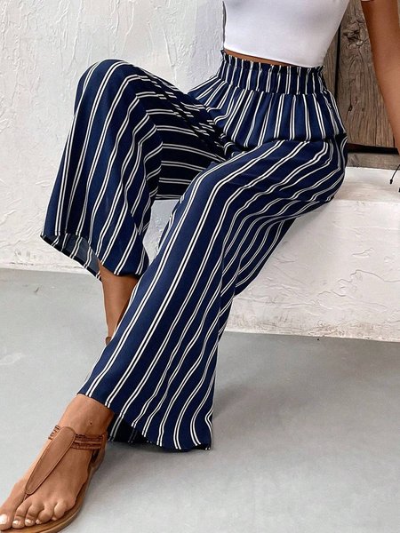 

Casual Striped Natural Long Elastic Band Straight Pants, Dark blue, Pants