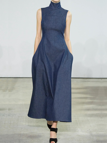 

Regular Fit Plain Elegant Stand Collar Sleeveless Faux denim Dress, Denim blue, Midi Dresses