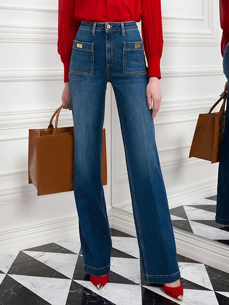 

Urban Plain Denim Pockets Wide Leg Jeans, Blue, Jeans