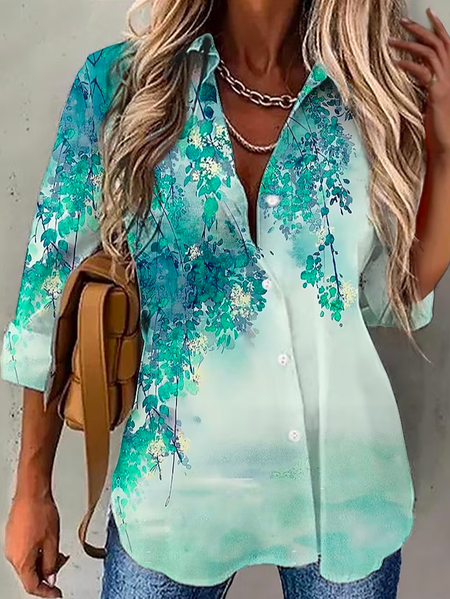 

Shirt Collar Floral Casual Loose Blouse, Green, Shirts & Blouses
