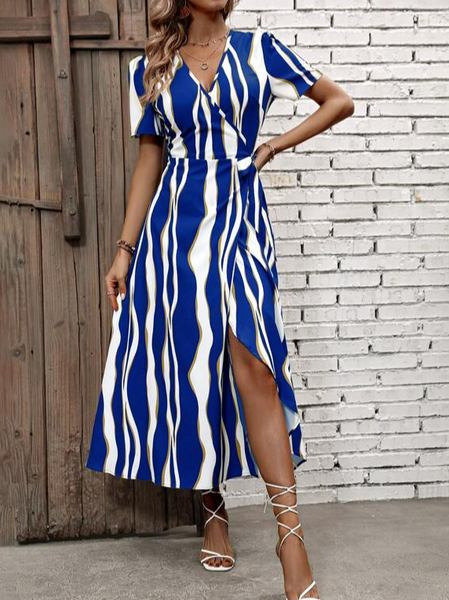 

Casual Striped Regular Fit V Neck Dress With Belt, Blue, Dresses