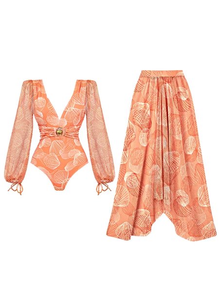 

Vacation Abstract Printing V neck One Piece With Cover Up, Orange, Swimsuit with Coverups