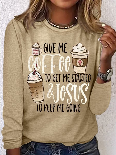 

Women's Jesus and Coffee Crew Neck Casual Shirt, Khaki, Long sleeves