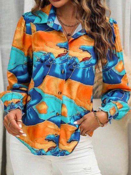 

Geometric Casual Loose Buttoned Blouse, Orange, Shirts & Blouses