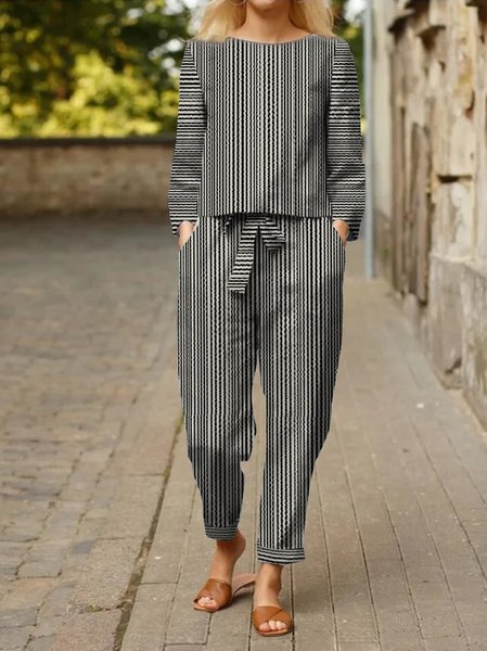 

Casual Crew Neck Two-Piece Set, Stripe, Suit Set