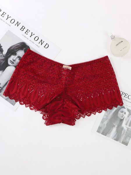 

Breathable Comfortable Lightweight High Elastic Lace High Waist Panties, Wine red, Briefs