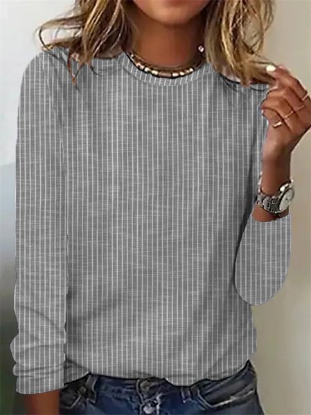 

Women Striped Crew Neck Casual Long Sleeve Top, Gray, Tops