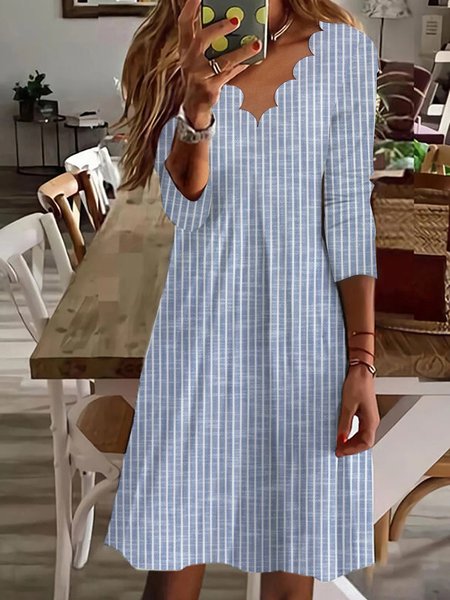 

V Neck Casual Knitted Regular Fit Dress, Blue, Mini Dresses