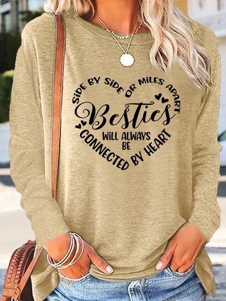

Women's Side by Side or Miles Apart Friends Besties Casual Crew Neck Shirt, Khaki, Long sleeves