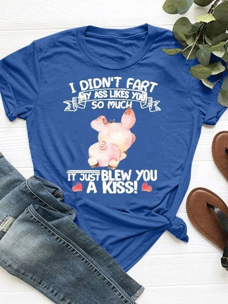 

Women's Casual Fun Alphabet Pig Pattern Round Neck Short Sleeve T-Shirt Daily Clothing, Blue, T-Shirts