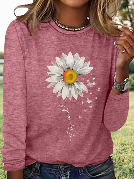 

Women's Casual Daisy Butterfly Print Shirt, Pink, Long sleeves