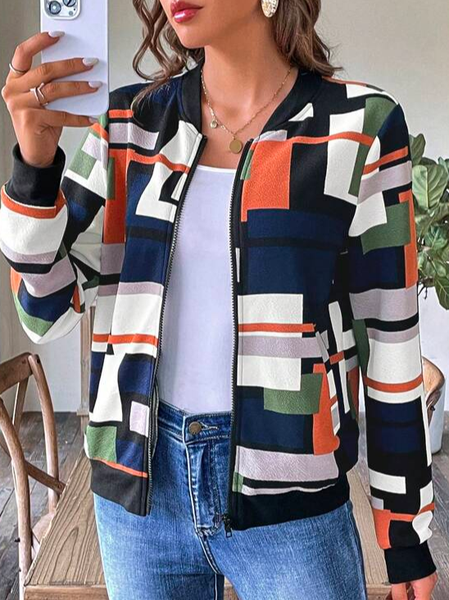 

Color Block Loose Crew Neck Casual Jacket, Black, Jackets