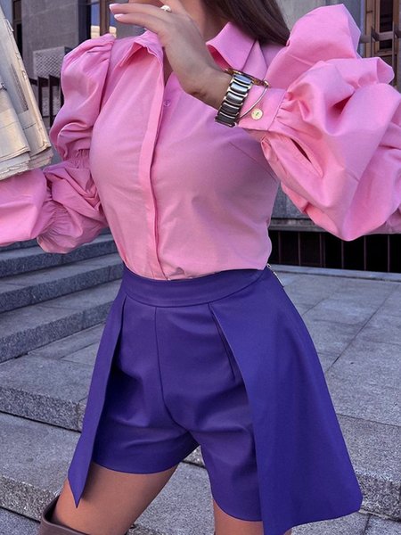 

Urban Regular Fit Shirt Collar Long sleeve Blouse, Pink, Blouses and Shirts