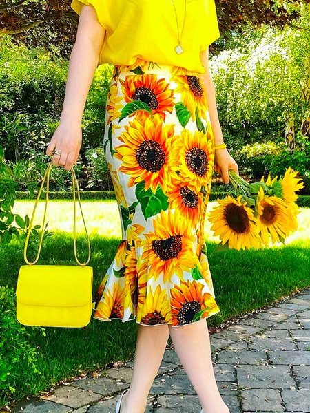 

Elegant Printing Sunflower Midi Skirt, Yellow, Skirts