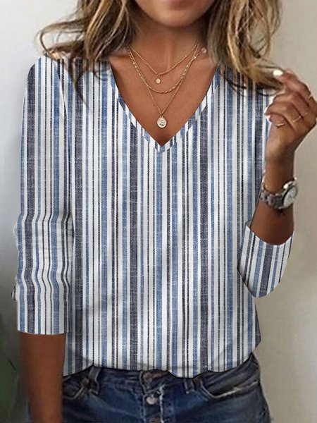 

Casual Loose Knitted Striped T-Shirt, Blue, T-Shirts