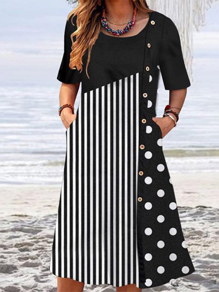 

Crew Neck Casual Color Block Dress, Black, Dresses