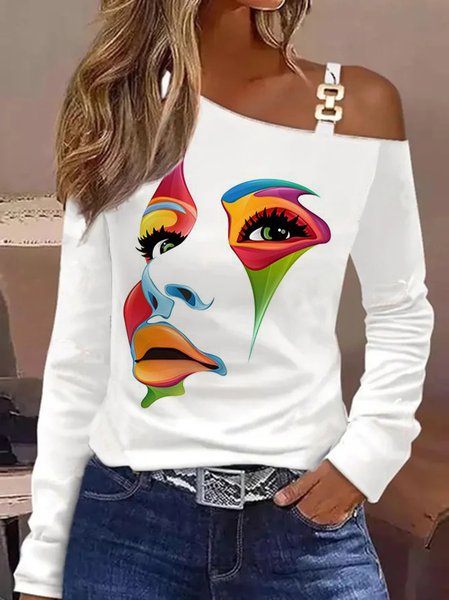 

Random Print Loose One Shoulder Casual T-Shirt, White, T-Shirts