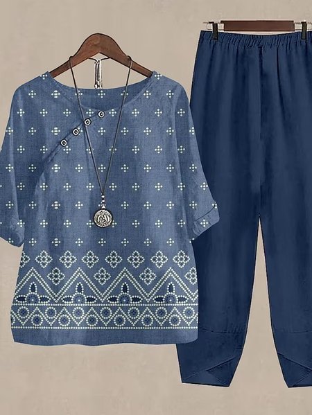 

Geometric Casual Crew Neck Two-Piece Set, Blue, Suit Set