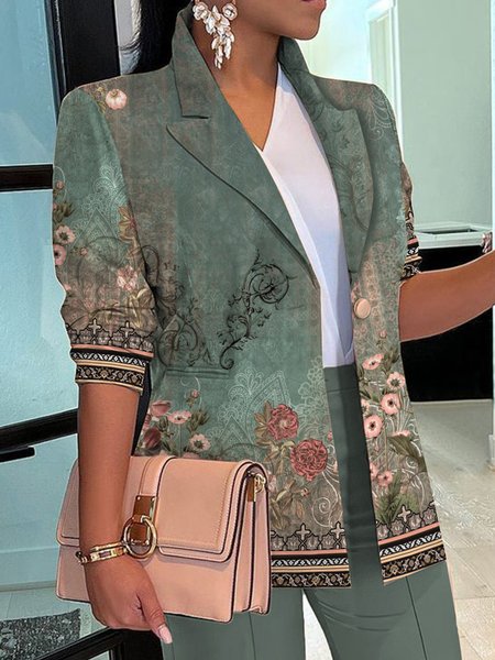 

Floral Elegant Loose Lapel Collar Blazer, Green, Blazers