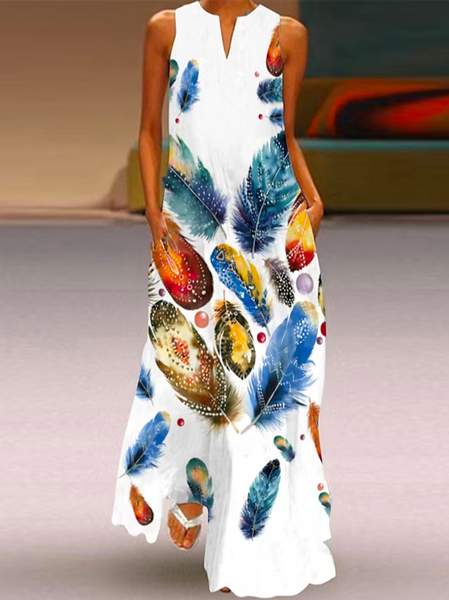 

Feather Pattern Casual V Neck Dress, White, Dresses