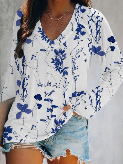 

Casual V Neck Floral T-Shirt, White, T-Shirts
