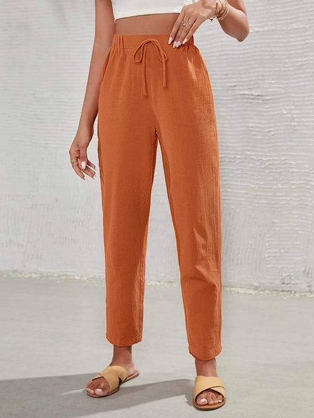

Linen Casual Plain High Waist Tie Front Tapered Pants, Red brown, Pants
