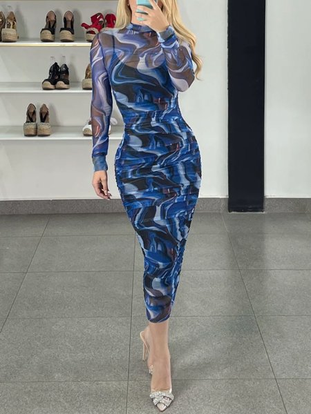 

Urban Regular Fit Ruched Stand Collar Abstract Dress, Blue, Midi Dresses