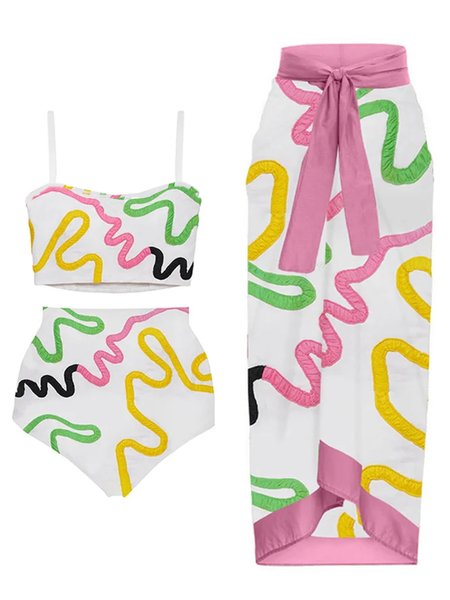 

Vacation Abstract Printing Notched Bikini With Cover Up, White, swimwear>>3 Piece Bikini Sets