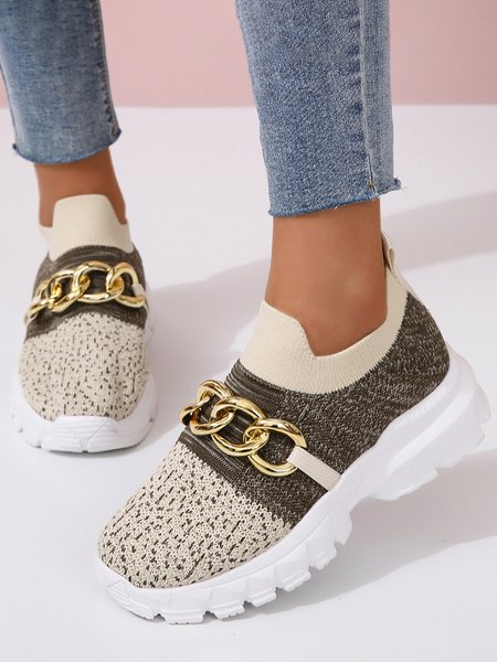 

Gold Thick Chain Contrast Color Stitching Flying Knitting Sneakers, Khaki, Sneakers
