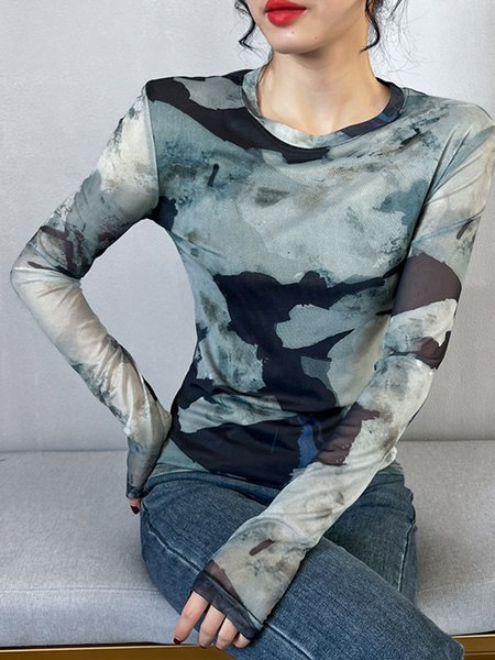 

Long sleeve Crew Neck Urban Regular Fit Mesh T-Shirt, Gray, Tees